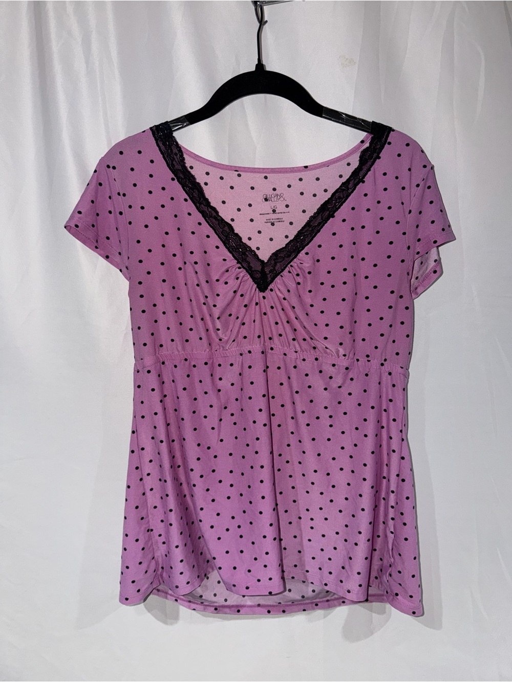 Gilligan & O'Malley Shirt Lavender Purple Polka Dot Lace Trim Baby Doll Top y2K